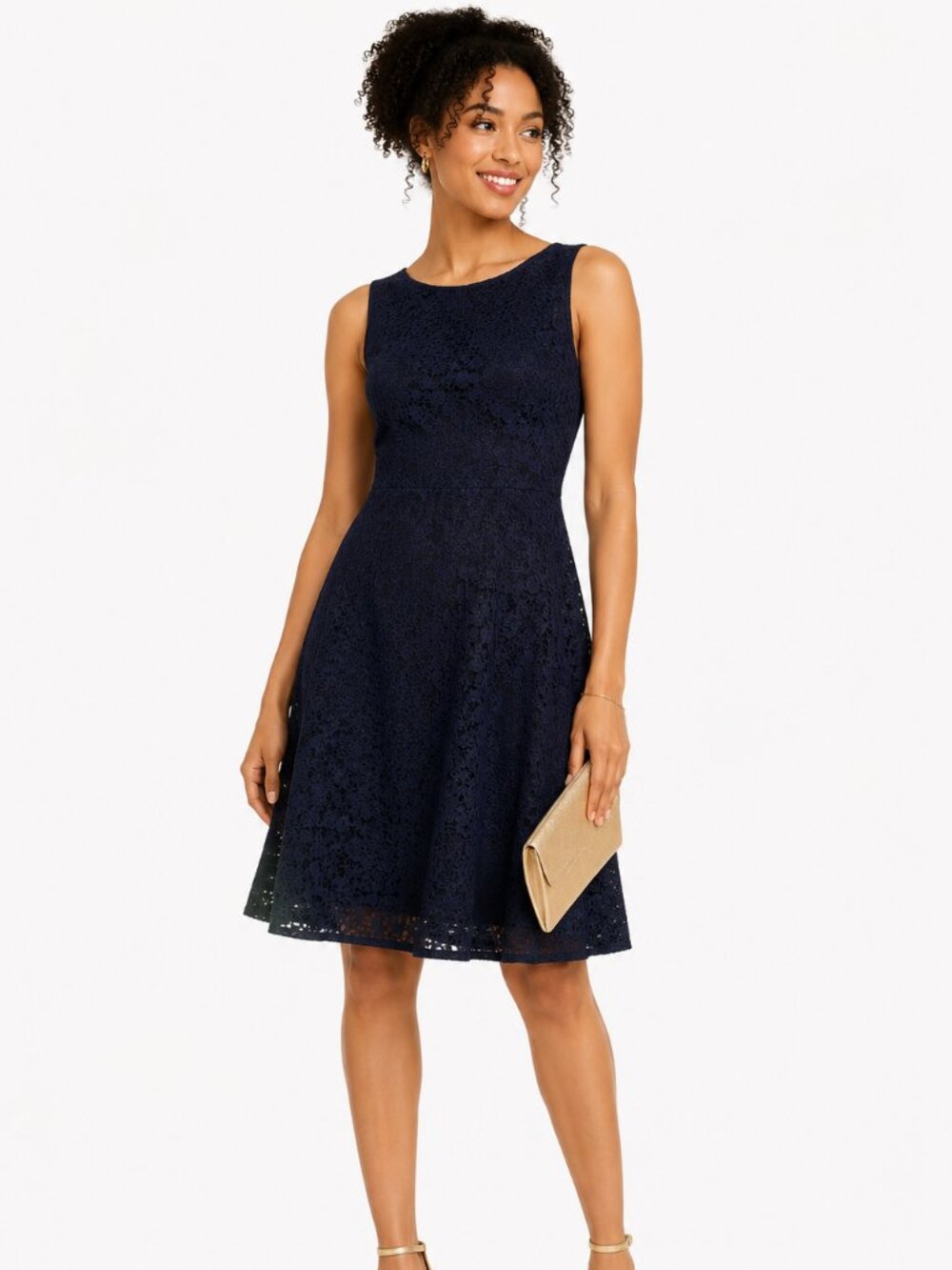 CHAPS Navy Blue Lace Dress Size 6 Fit & Flare Sleeveless Lined Cocktail Dress